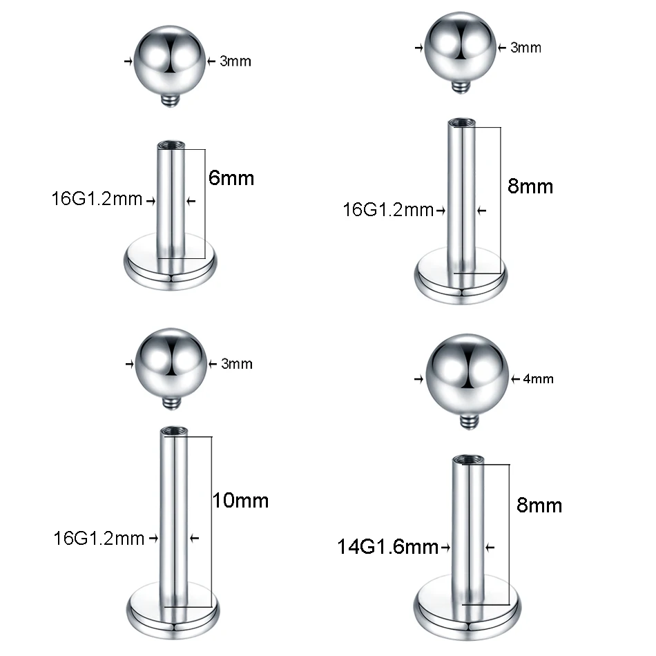 1PC Implant Titanium Internally Thread Labret Lip Stud Ear Cartilage Tragus Helix Piercing Lobe Earrings 14G 16G Body Jewelry