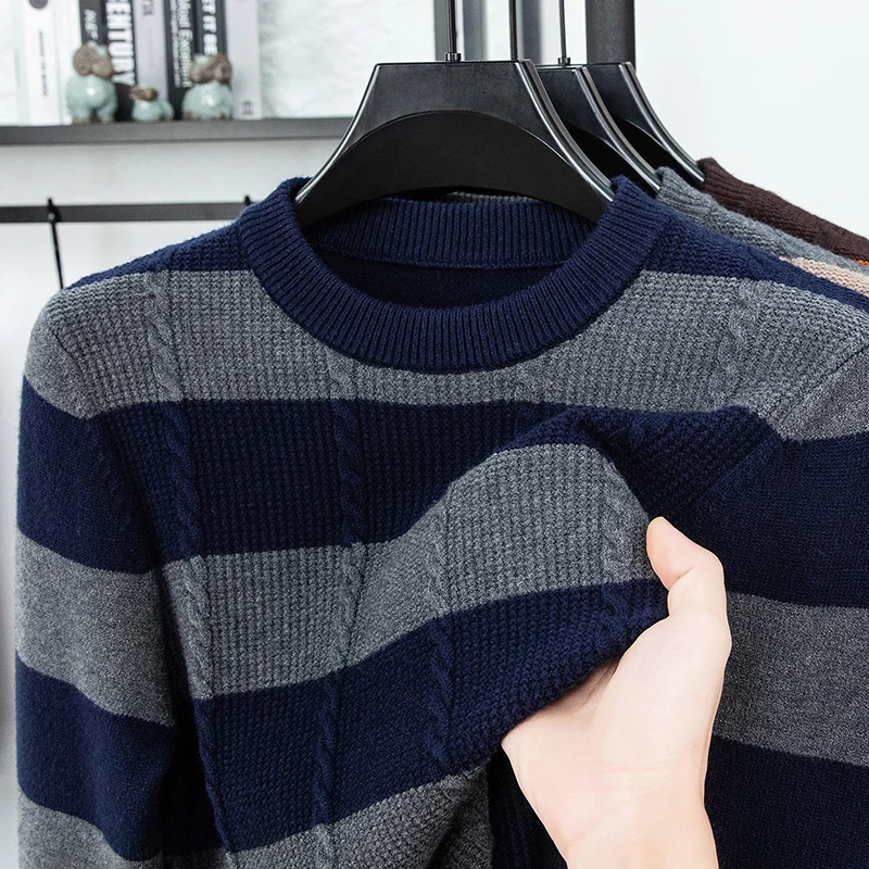Men's Luxury Knitted Sweater Round Neck Long Sleeve Striped Pullover Autumn Winter Fashion Casual Classic Versatile Warm Men's