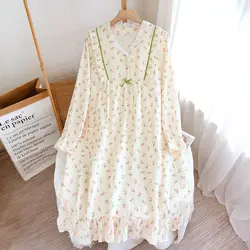 New Women's Mid-length Cotton Nightgowns Sweet Ladies Princess Style Long-sleeved Nightdress Loose Casual Maternity Sleepshirts