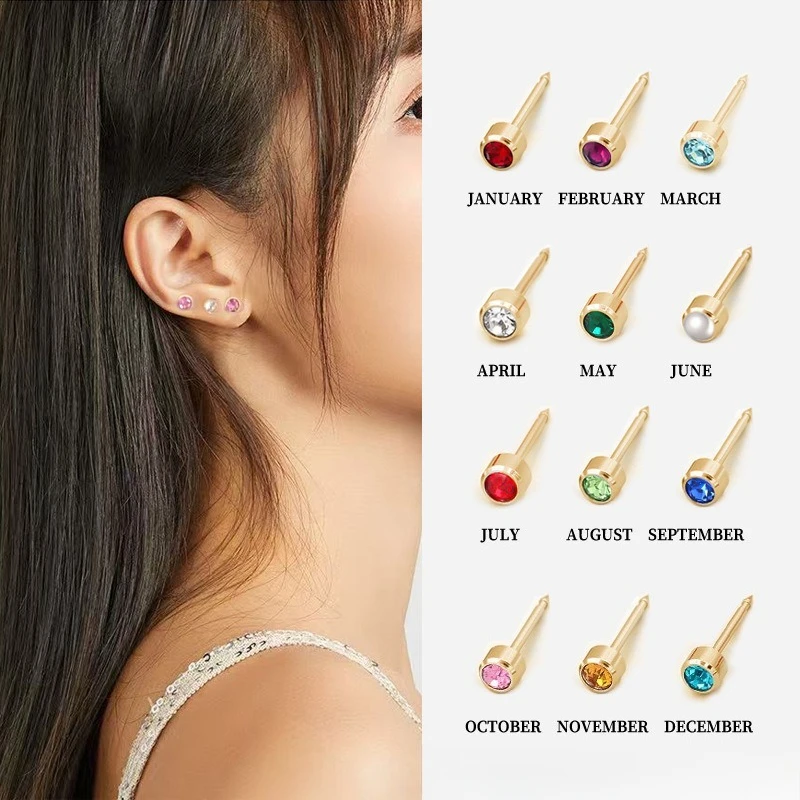 12 Colors Monthly Birth Stone Ear Studs Tiny Round Zircon Cartilage Earrings Minimal Piercing Jewelry Women Gift Ear Stud