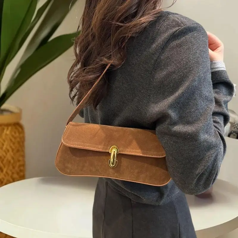 Vintage Faux Suede Shoulder Bags For Women Lock Decoration Small Underarm Bag Versatile Trendy Pillow Bags