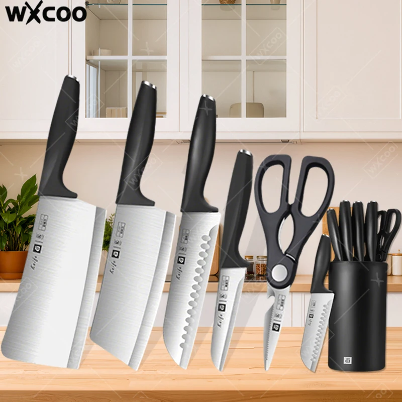 WXCOO 1~6-teiliges Edelstahl Gemüse-Obst-Messer Fleisch-Schneidemesser Küchenmesser Scherenset Haushaltsmesser mit Halter