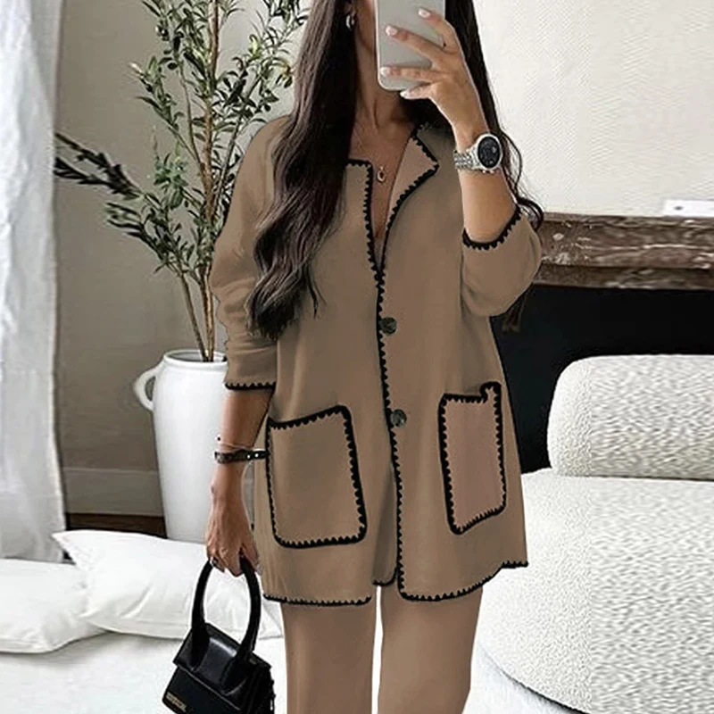 Casual Elegant Women\'s Set Autumn OL Fashion Clothes Hepburn Suit Shirt&Blouses Cardigan Top Luxury Straight Long Pant Set 2-Pcs