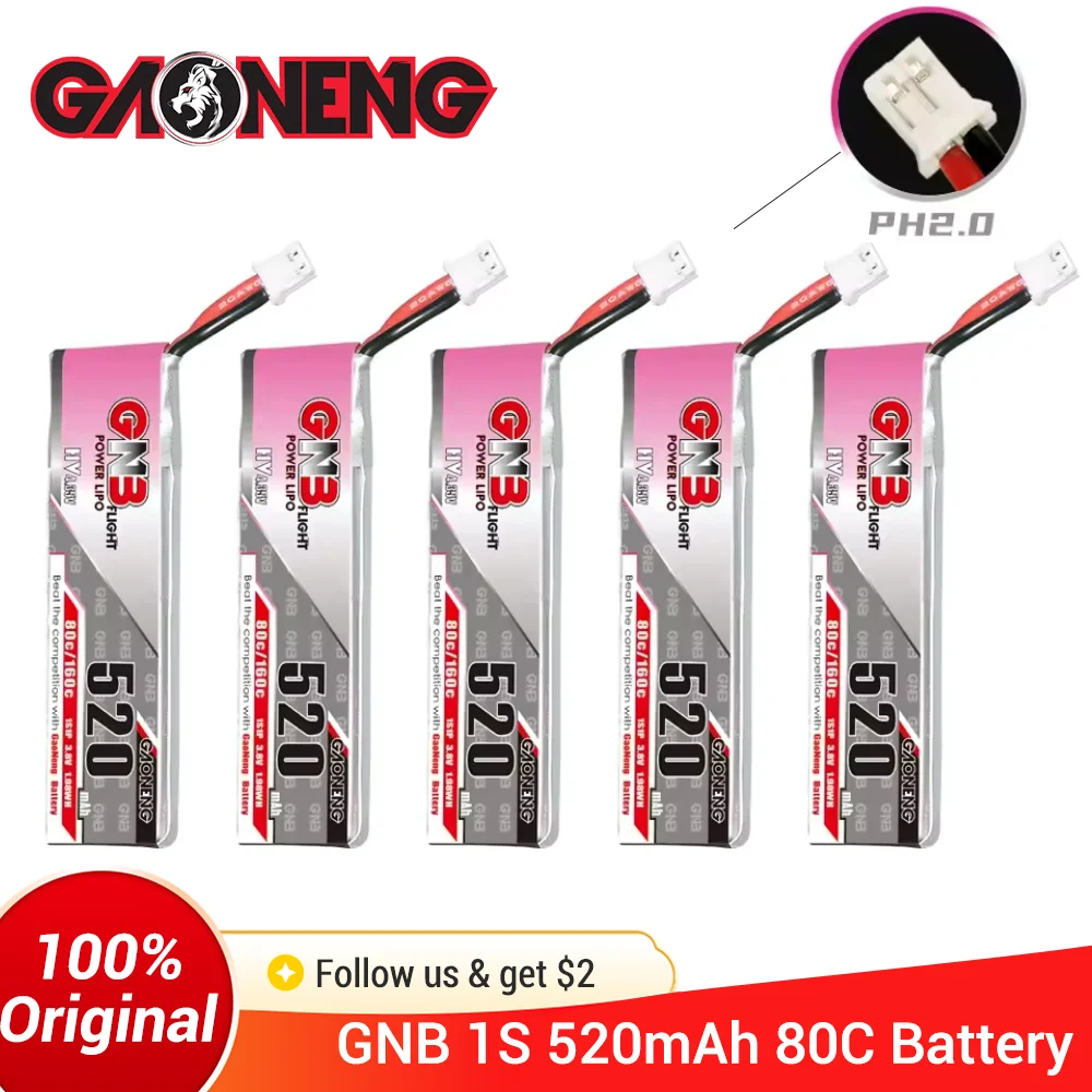 بطارية ليبو Gaoneng GNB 1S 520mAh 80C/160C 3.8V مع قابس PH2.0 لطائرة Tinyhawk Kingkong LDARC TINY7 RC بدون طيار