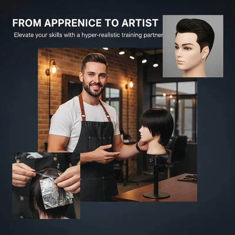 Real Human Hair Mannequin Head Short Black Hair Perfect For Barber Training Practice Beauty Styling Tool