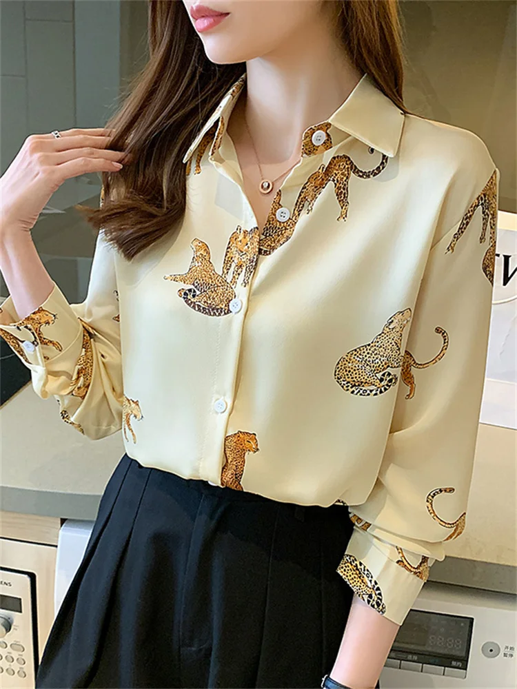 #3159 Yellow Green Satin Shirt Loose Fit Long Sleeve Shirt Women Elegant Office Vintage Womens Tops And Blouses Spring Autumn