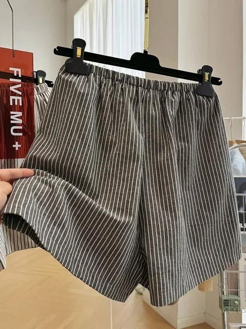 Zomer Pantalones Cortos De Mujer Casual Gestreepte Rechte Shorts Voor Vrouwen 2025, Nieuwe Bodems Bandage Mode Wijde Pijpen Broek