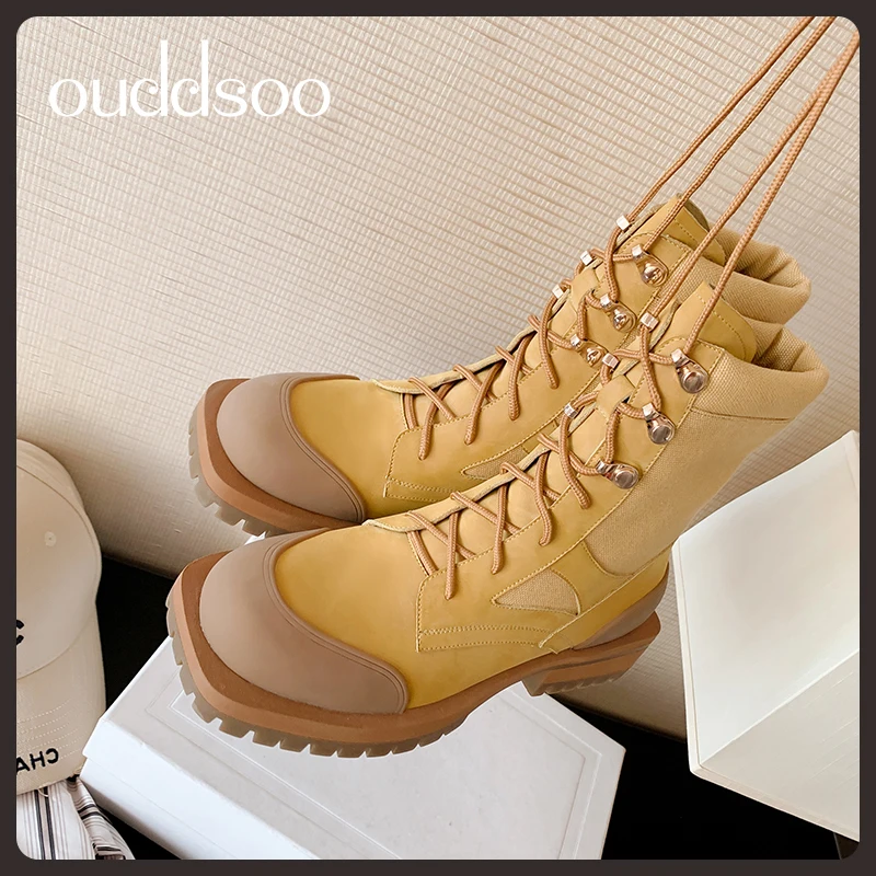 

Ods Brand Women Genuine Leather Ankle Motorcycle Boots Round Toe Flat Lace-up Ladies Mixed Colors Short Boot Autumn Winter Shoes