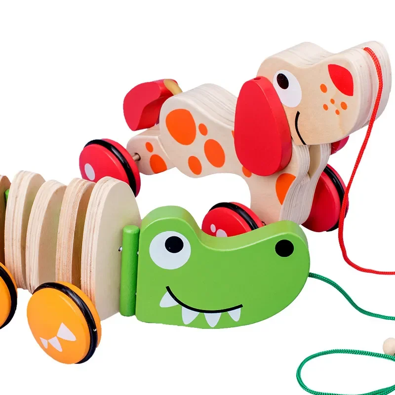 Fun Croc Or Dog Toddler Wooden Pull Along Toy Baby Dragging Kids Puppy Baby Learn Walk Toy Tractors Gift For Toddlers New