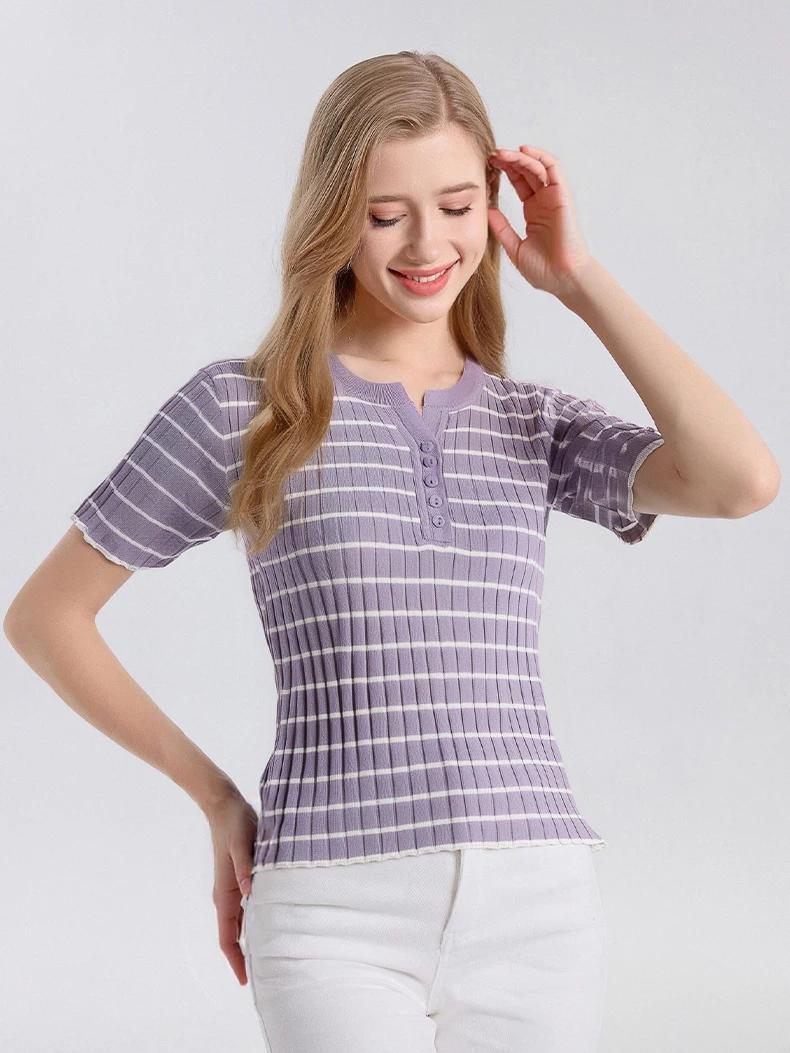 SuyaDream, T-shirt da donna a righe, girocollo, camicia chic a maniche corte, 70% seta 30% cotone, Top accogliente primavera estate 2025,