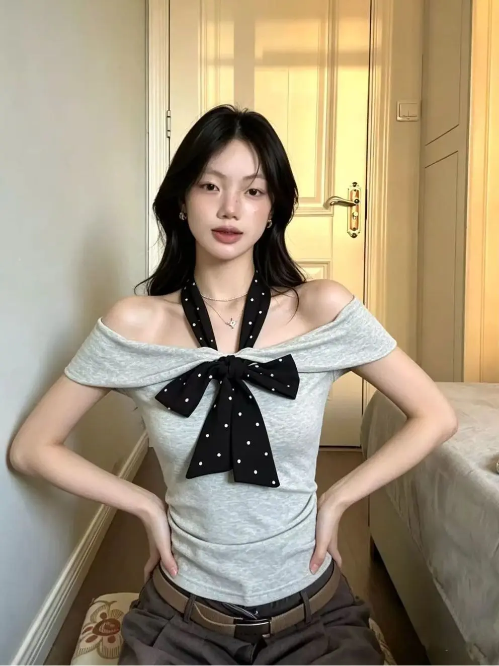 Women Summer Korean Style Pure Desire Spicy Girl One Shoulder Atmosphere Grey Polka Dot Sash Short Sleeve T-Shirt Top