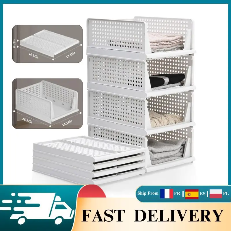 Lot de 4 organisateurs de placard pliables, boîtes de rangement empilables en plastique pour vêtements, armoire, chambre, cuisine, salle de bain, bureau