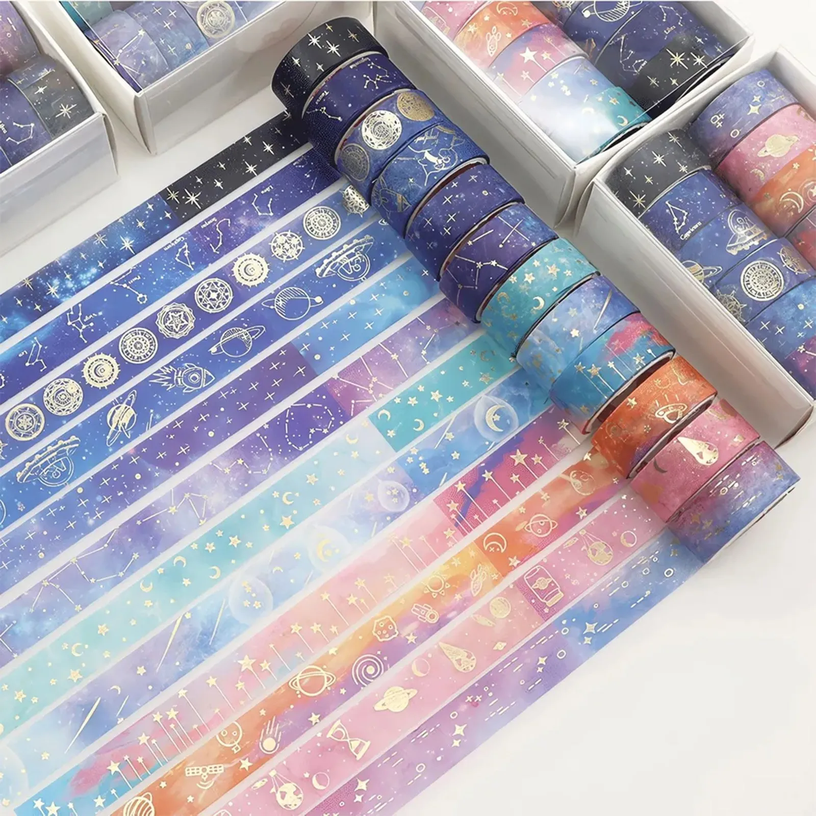 

12/24/48 rolls Gold Foil Starry Sky Washi Tape Set- Premium Adhesive Stickers For Scrapbooking, Crafting & Holiday Party Decor