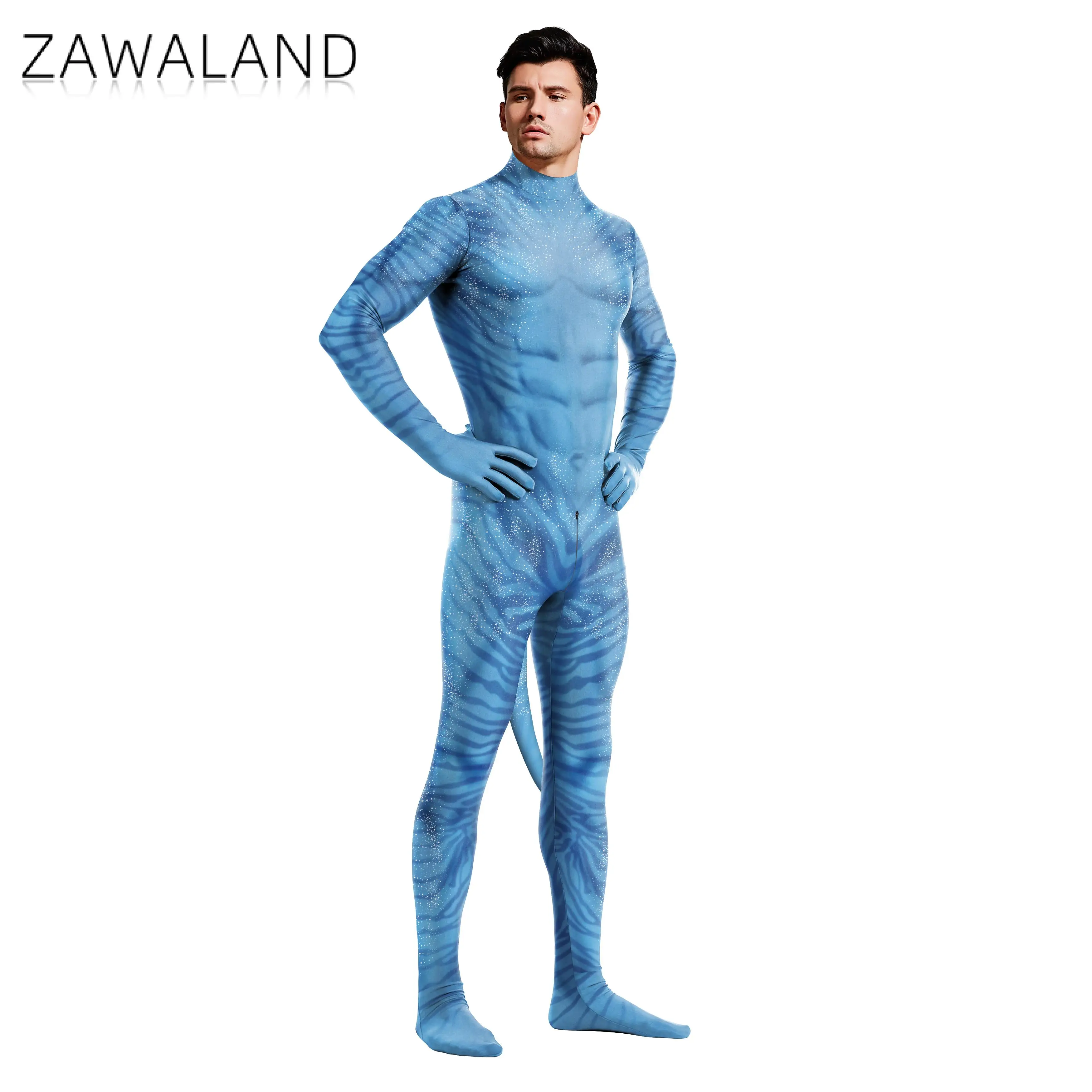 Zawaland Bondage Latex Halloween Festival tuta intero Costume Catsuit stampato in 3D con coda Zentai Cosplay Fitness Outfit