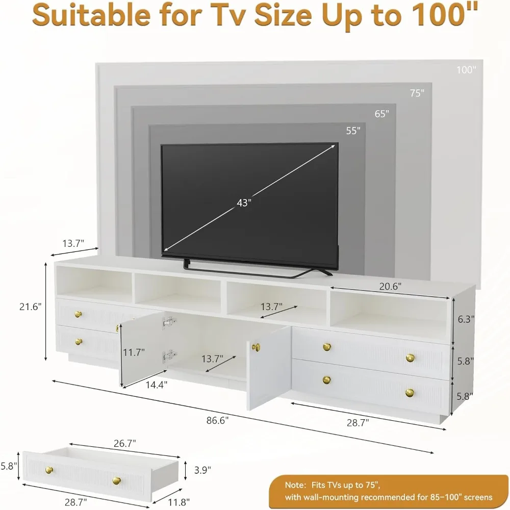Modern White Marble TV Stand High Gloss LED Storage Shelves Drawers 55 65 70 75 Inch TV Living Room