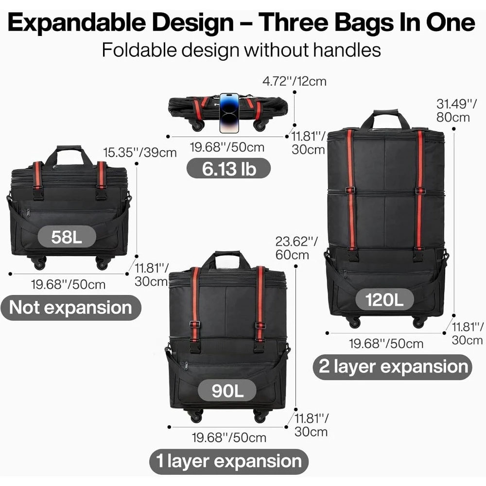 Expandable Foldable Rolling Luggage Bag with Wheels, Large Capacity Duffel for Men and Women, Black