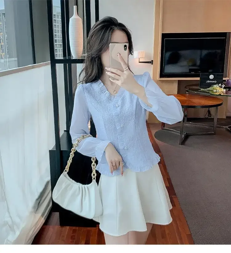 

Long Sleeved Top Waist Cinching Slimming and Stylish Small Shirt V-neck Chiffon Shirt Women's New Style Women's