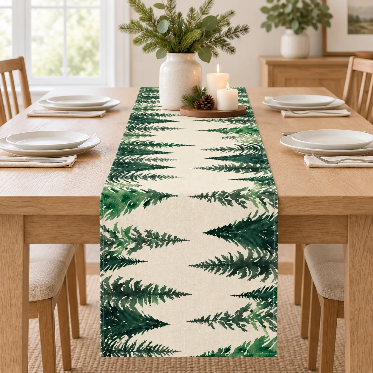 Linen Christmas Table Runner 1pc, Pine Tree Pattern, Farmhouse Winter Decor, Indoor Outdoor Table Decoration for Kitchen