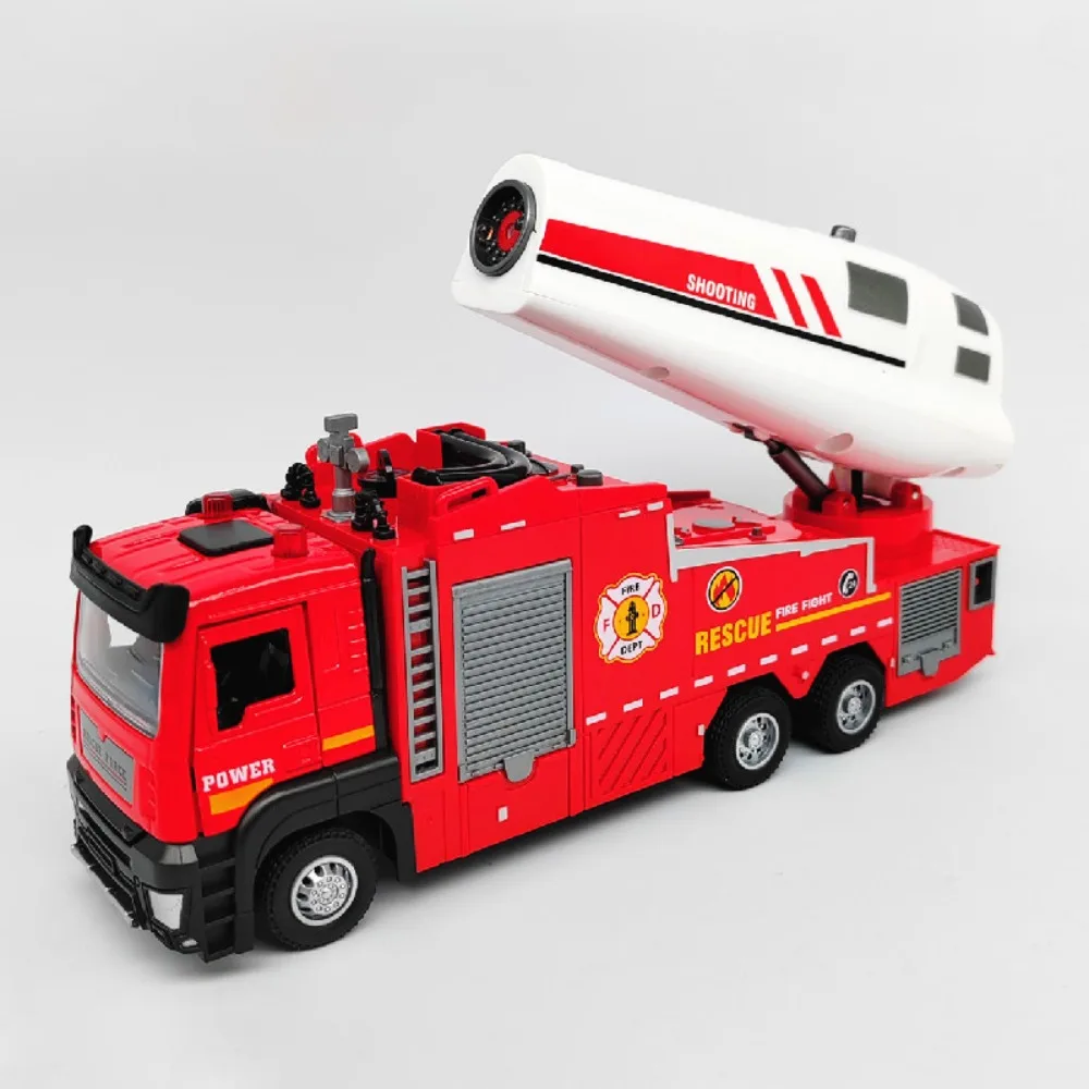 Modello di camion dei pompieri in scala 1:32 Giocattolo per auto 2 porte aperte Spruzzo d'acqua elettrico Veicoli pressofusi in metallo con tirare indietro Giocattoli per il regalo dei bambini