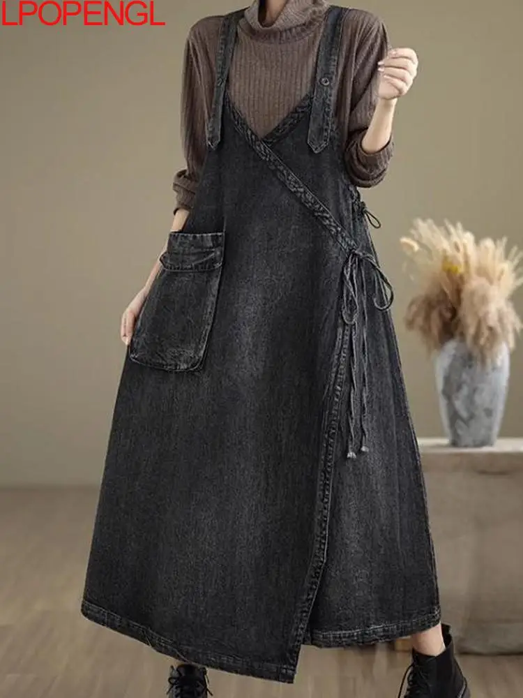 Fashion Retro Distressed Large Pockets Sleeveless Dress Women's Personality Versatilec Temperament Spaghetti Strap Denim Dress