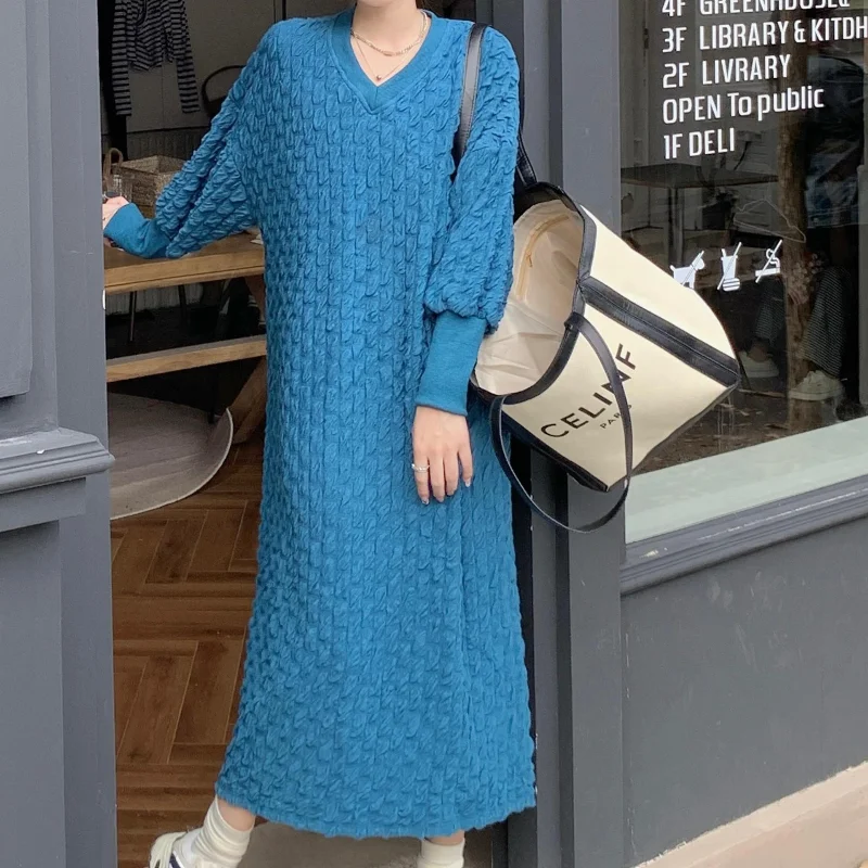 

2024 Spring Women's Dresses Korean Loose V-Neck Lady Vestidos Plus Size Plaid Female Robe Blue Color Clothing Dress K0909