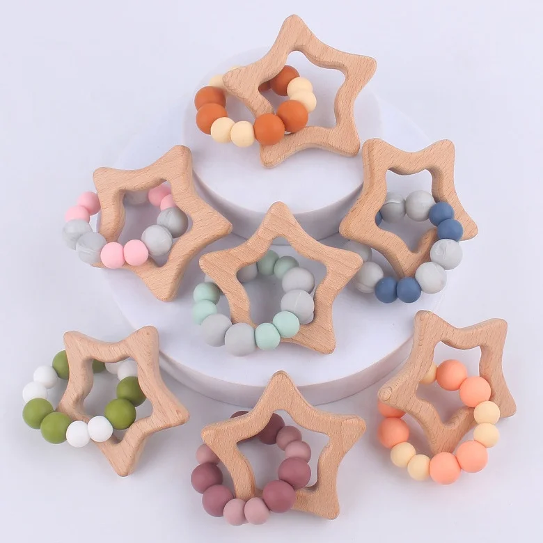 

Wholesale Wooden Silicone Baby Teether Food Grade Silicone Teething Toys Wooden Ring Teether For Baby