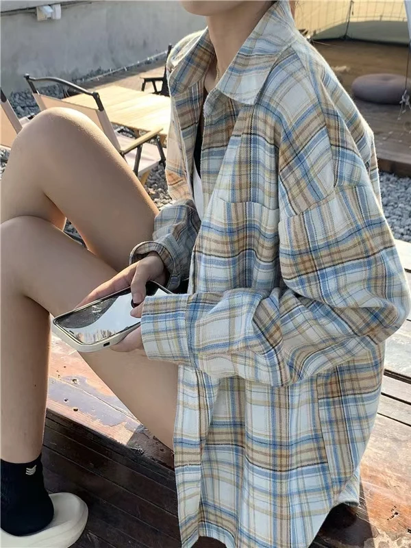 Retro American Plaid Shirt Women's Long Sleeve 2025 Spring Autumn New Design Loose Chic Hong Kong Style Top for Teen Girls