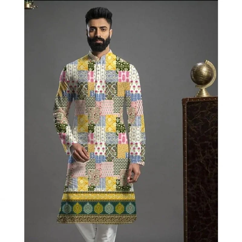 Мужской цифровой печатный Kurta Vardha, обычный воротник-стойка, длинный, подходит для всех случаев, таких свадьба, Hari Raya Aidilfitri