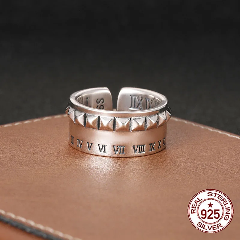 Anillo de escala de números romanos de plata de ley S925, anillo de remache punk hip-hop de moda para hombres con apertura ajustable, famoso en Internet