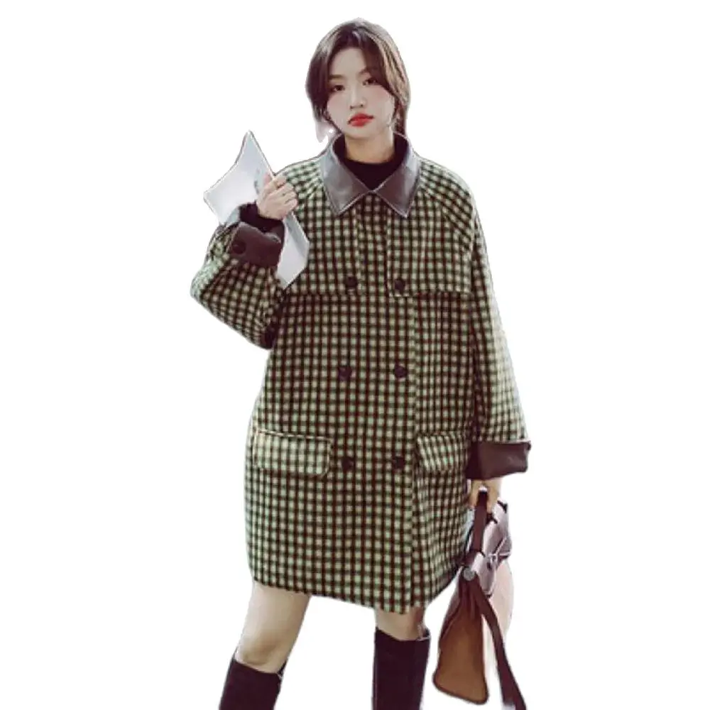 South Korea's Green Plaid Woolen Coat Women's New Temperament In Autumn And Winter Pu Leather Stitching Knee-High Woolen Coat .