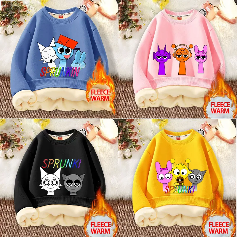 Sprunki Sweatshirt Kids Winter Loose Incredibox Game Print Plush Comfortable Warm Padded Warm Fleece Lined Pullover Top Harajuku