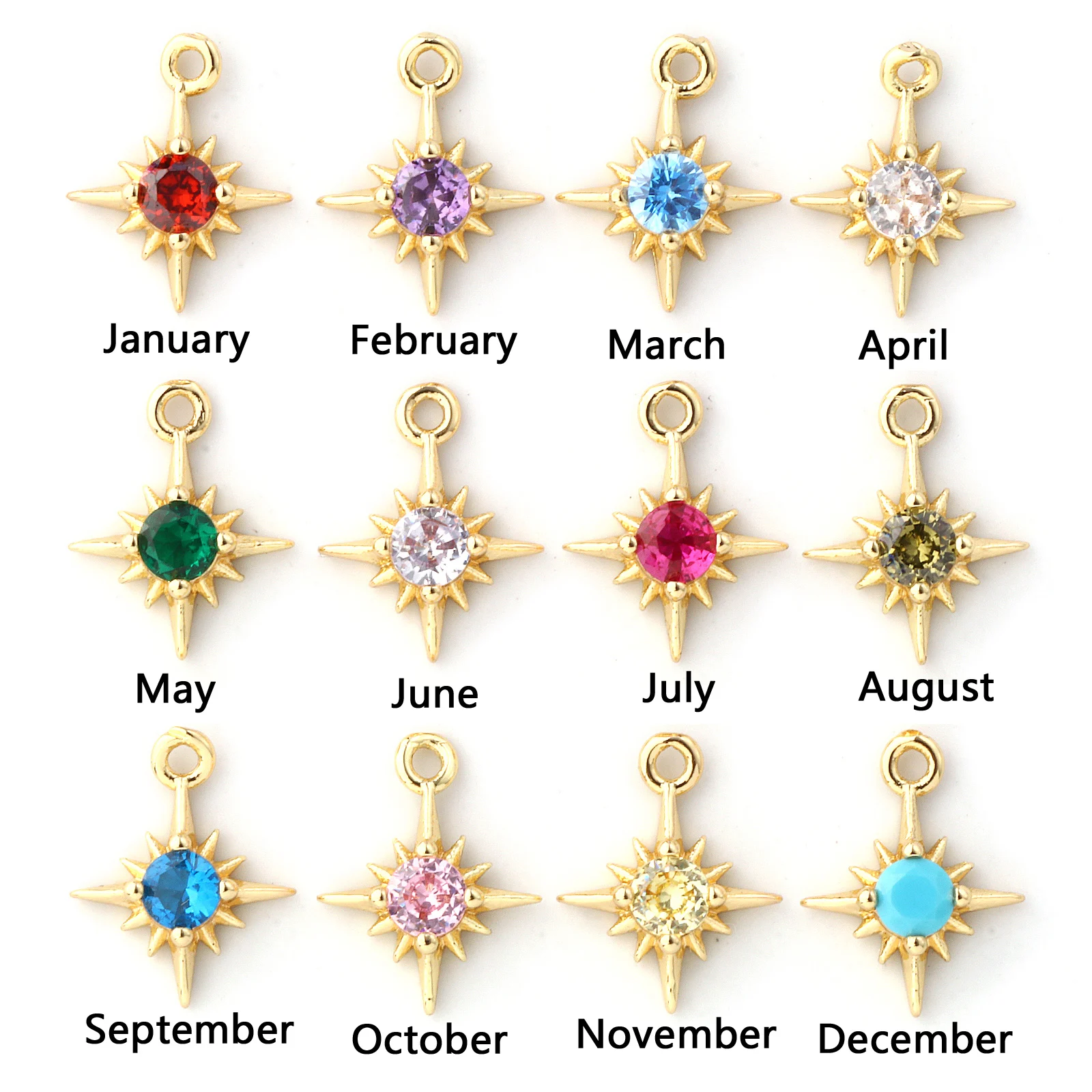 2 pçs encantos de bronze cor ouro mini estrela multicolorido zircônia cúbica birthstone pingentes diy colar brincos jóias 10.5mm x 8.5mm