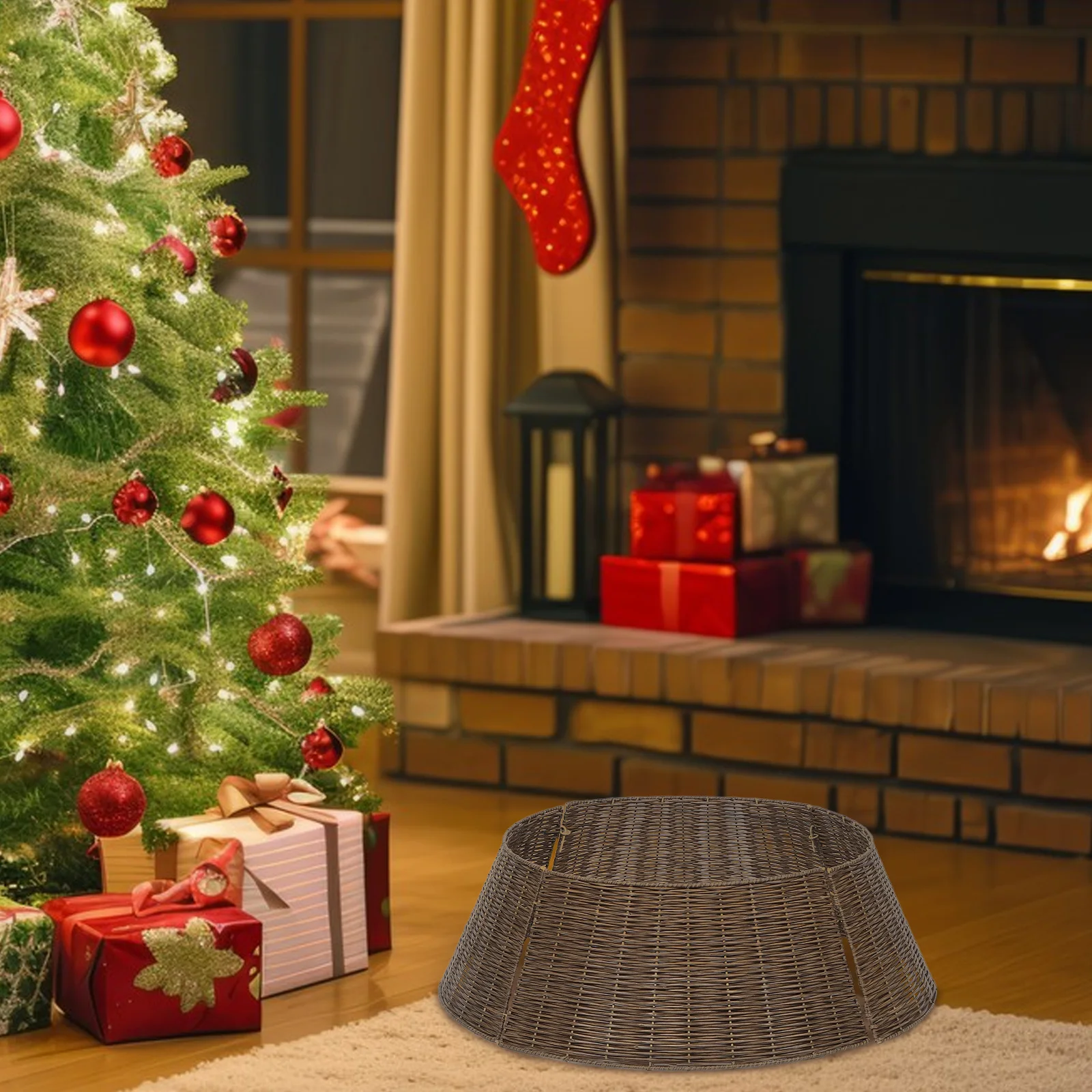 

65Cm Christmas Tree Basket Collar Handwoven Rattan Look Pvc Ring Rustic Brown Decorative Base Cover For Holiday Home Office