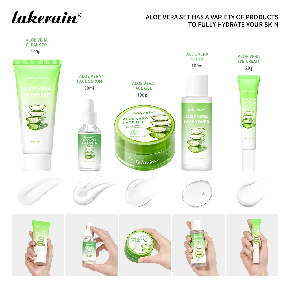 Aloe Vera 5 Pcs Skin Care Set Cleanser Toner Serum Eye Cream Gel Deeply Moisturizing Soothing Hydrating Calming Daily Facial Care