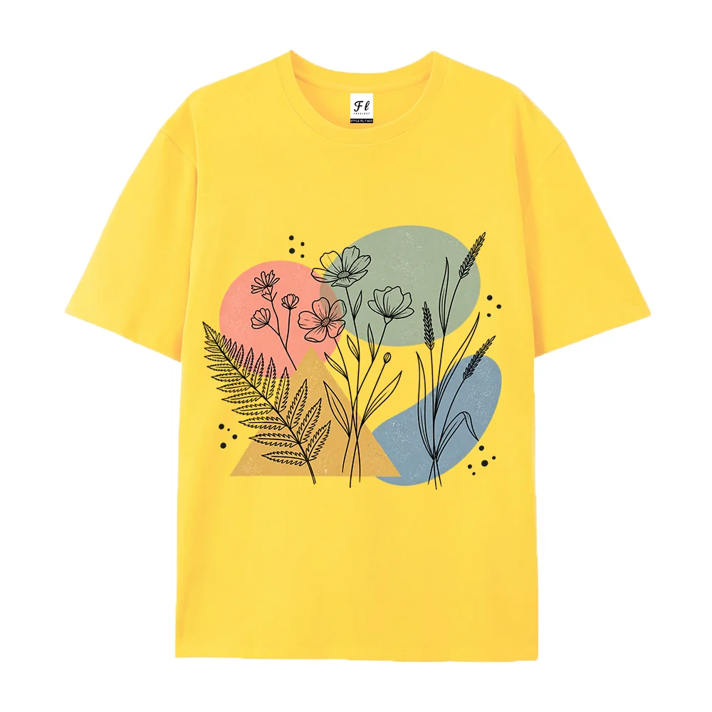 Women T Shirt Wildflower Plant Floral Graphic Abstract Geometry Boho Aesthetic White Short Sleeve Loose Cotton Tops