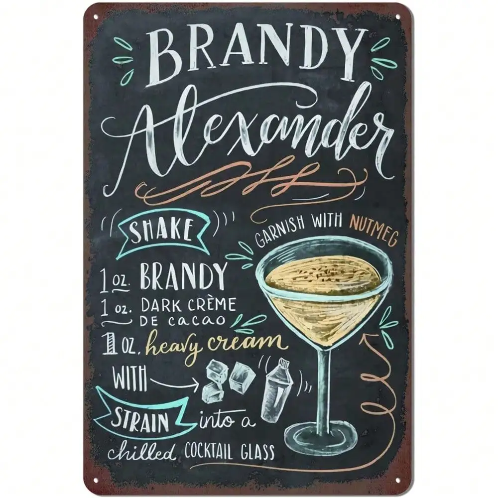 Arte de pared de metal vintage para decoración de bares, letrero de pizarra rústico pintado a mano, receta de cóctel Brandy Alexander