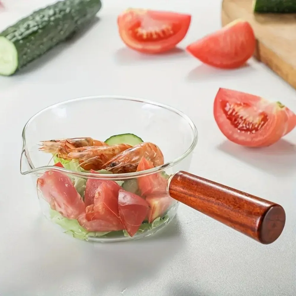 Fashion Wood Handle Glass Milk Pot Heat-resistant Heating Saucepan Mini Transparent Butter Warmer Pot Baby Food
