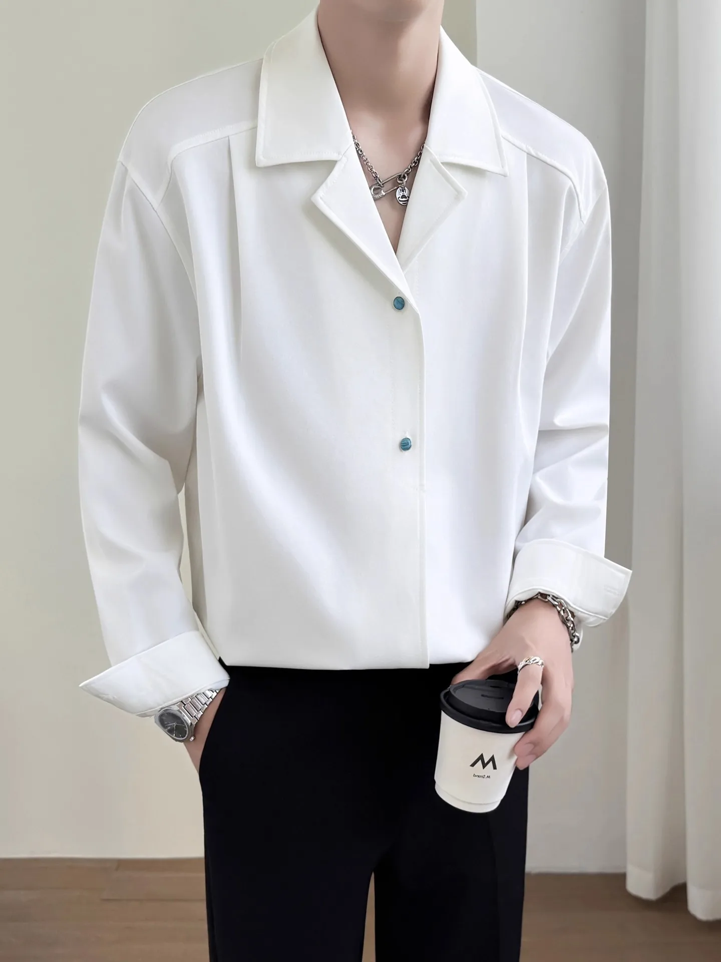 

Корейский дизайн, кубинский воротник, длинный све, мужской осенний топ, корейский модный повседневный свободный полиэфирное волокно, не требующий глажки