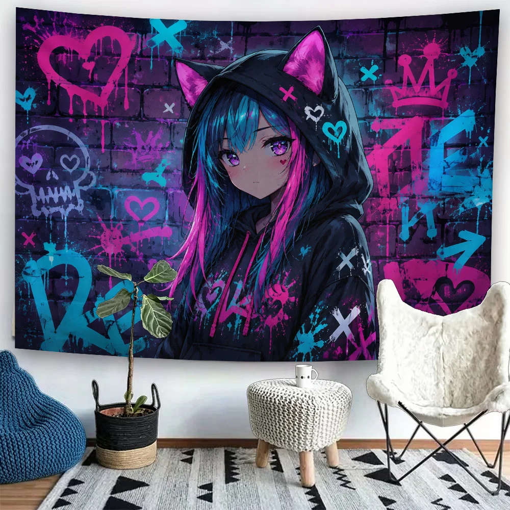 2D Flat 1pc Girl with Cat Ear Tapestry Wall Hanging, Kawaii Horizontal Graffiti Street Art Poster, Fabric Backdrop, Party Banner