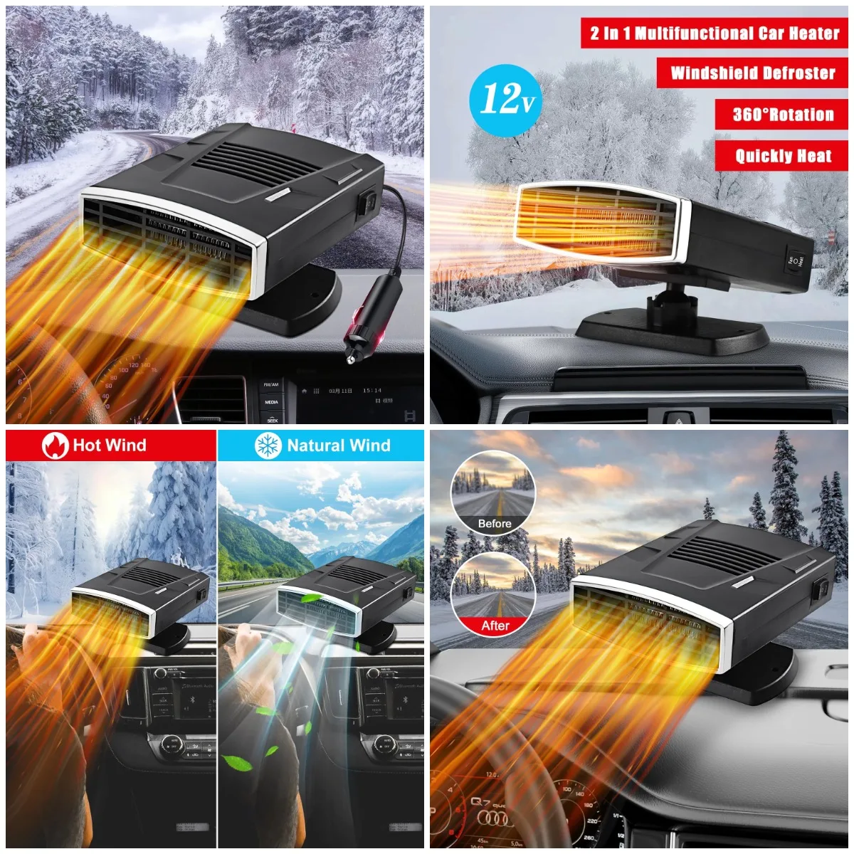 

12V Portable Car Heater, 2-in-1 Fast Heating Defroster with 360° Rotatable Design (Black Silver)