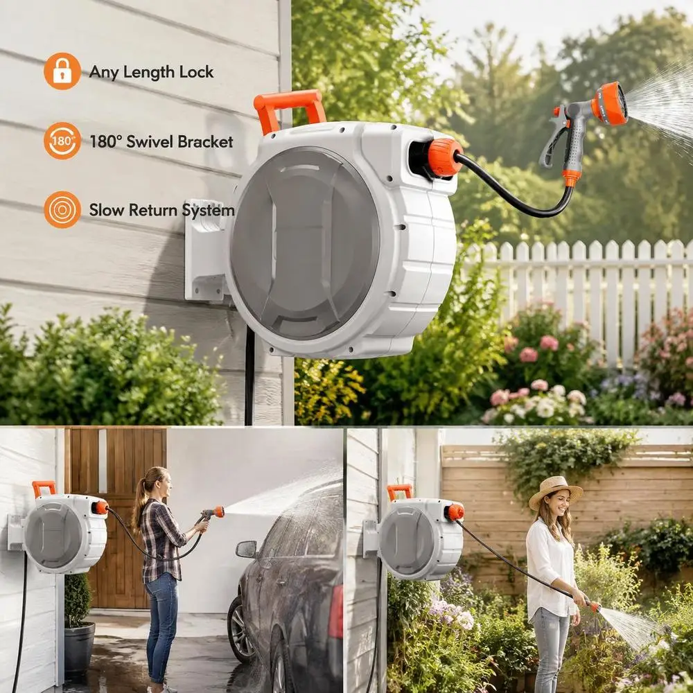Retractable Garden Hose Reel, 1/2 Inch X 65 Ft Wall Mounted Hose Reel, Heavy Duty Garden Hose Reel With 9 Patterns Nozzle, Any Length Lock, Upgraded Slow Return System And 180°Swivel Bracket