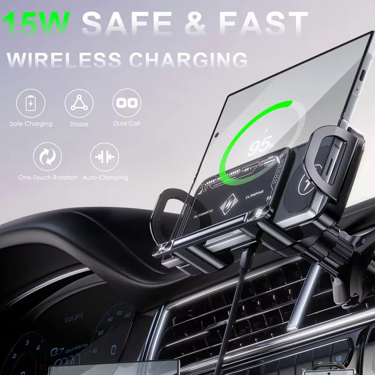 

Автоматическое беспроводное автомобильное зарядное устройство с двойной катушкой для iPhone Samsung Galaxy Z Fold 4 3 2 Flip 4 3 Держатель для телефона Автомобильная станция быстрой зарядки