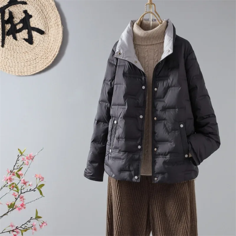 Women's Autumn Winter New Stand-up Collar White Duck Down Coat  Lightweight Down Jacket Outerwear Short Length Casual  Tops