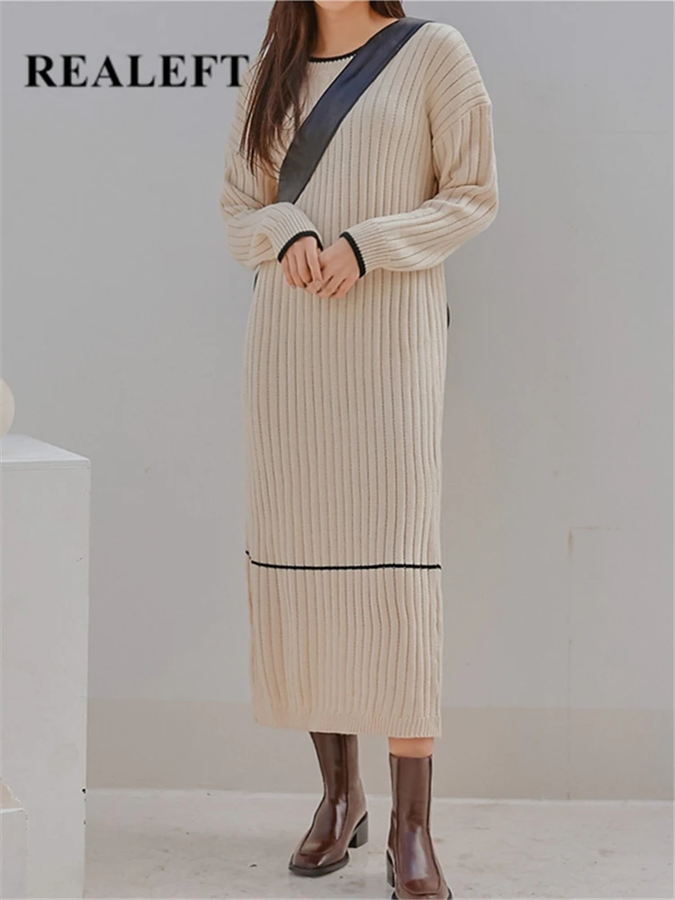 

REALEFT Autumn Winter Solid Oversize Knitted Dresses 2023 New O-Neck Casual Loose Long Sleeve Women Sweater Dress Female
