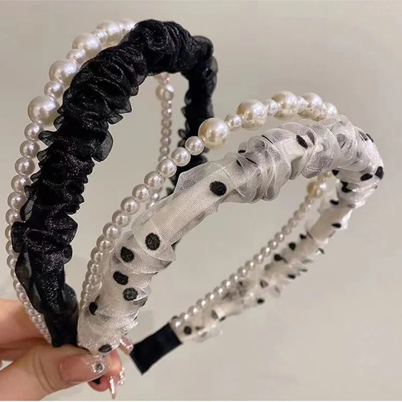 2022 Fashion Pearl Hairbands Organza Dot Headbands Women Elegant Double Layer Hair Hoops Scrunchies Hair Bands Hair Accessories