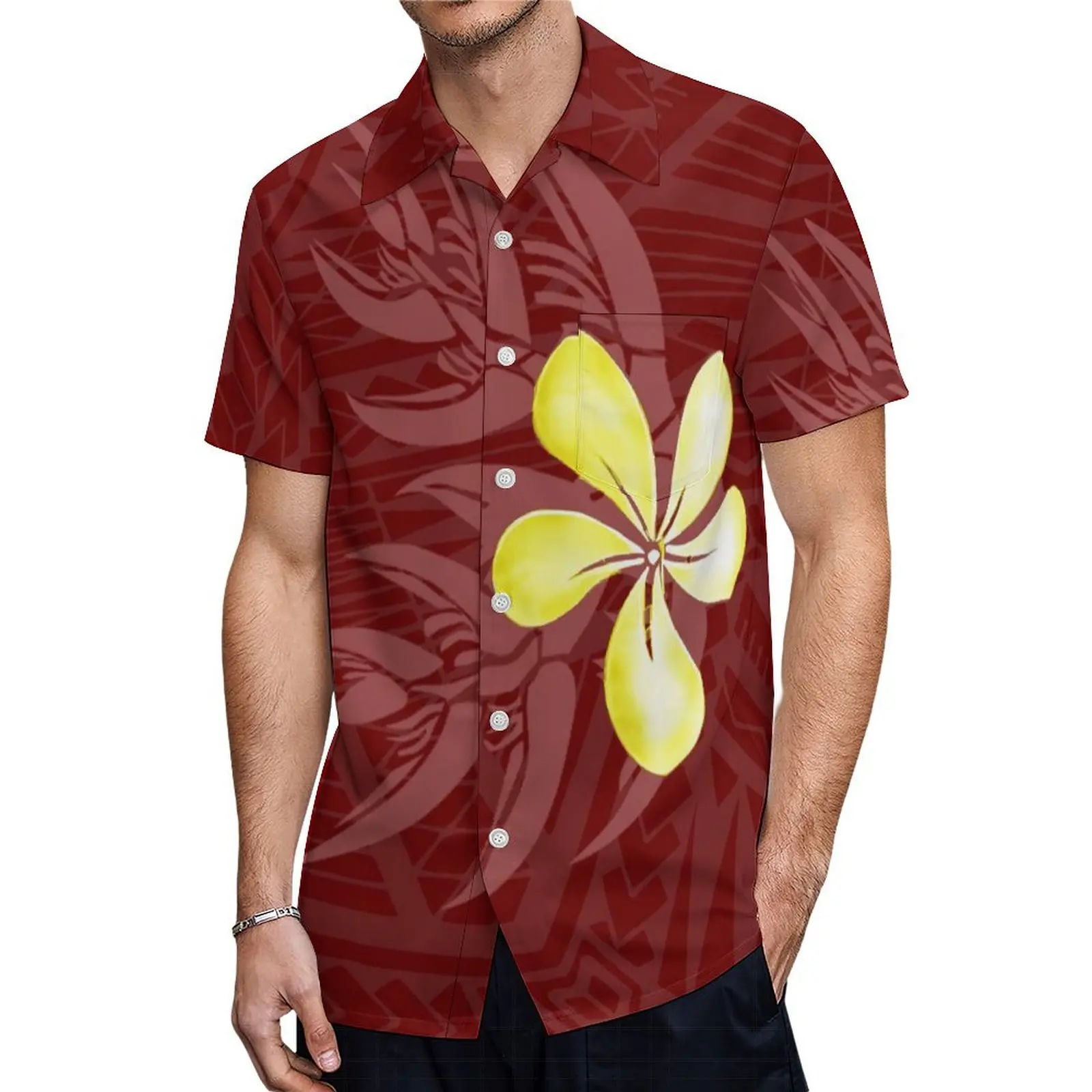 Hawaiian Hibiscus Flower Theme Casual Loose Men'S Shirt Temperament Women'S Dress Polynesian Tribal Family Suit Customization