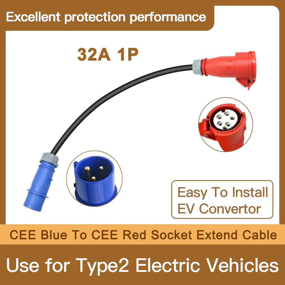 ERDAN 32A 1P CEE Blue Plug to CEE Red Socket Converter Extension Cable used for 7.2KW EV Charger from 16A 3P Power