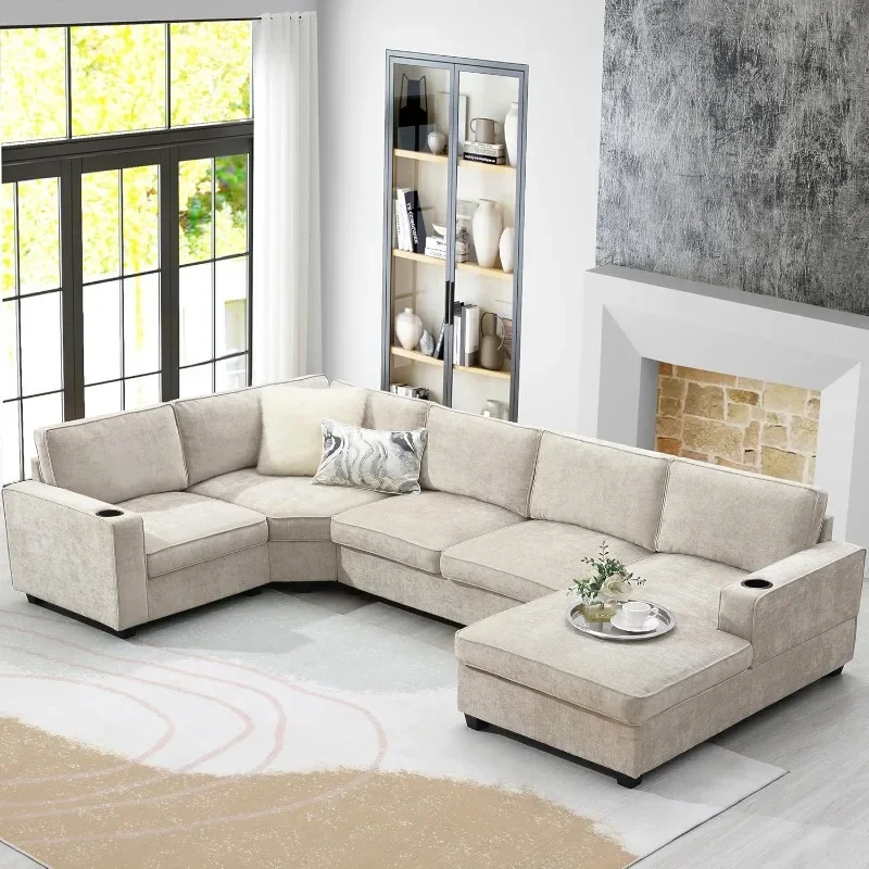 

Large U-Shaped 6-Seat Chenille Sectional Sofa Set with Chaise, Cup Holders for Spacious Living Room