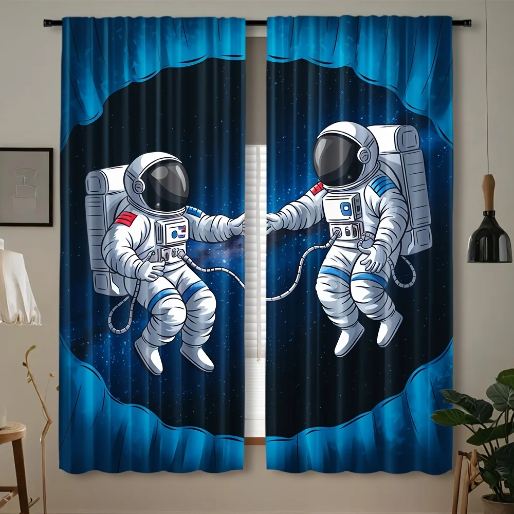 Cortinas de aventura espacial de astronauta, estilo contemporáneo, bolsillo para barra, semitransparente, para todas las estaciones, lavable a máquina, poliéster tejido, 2 uds.