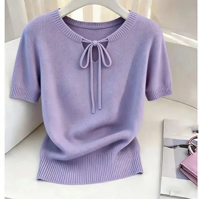 Women's Vintage Tie Neck Short Sleeve Knit Top Casual Ribbed Sweater Blouse